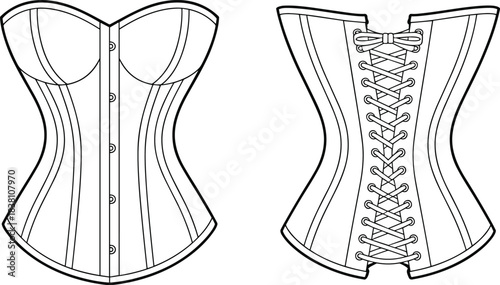 Women corset bustier technical fashion illustration front and back view lace up boned bodice flat sketch vector