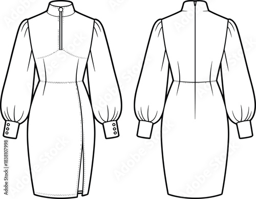Women long sleeve fitted midi dress technical fashion illustration front and back view high neck slit flat sketch