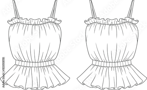 Women sleeveless peplum cami top technical fashion illustration front and back view elastic waist ruffle flat sketch