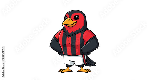 Cartoon bird character in red and black jersey standing with hands on hips ready for soccer