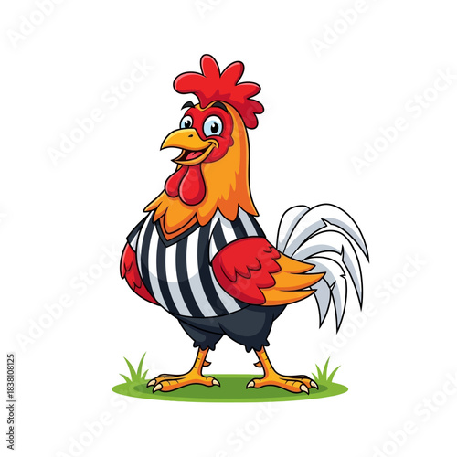 Cartoon Rooster Character Displaying Whimsical Referee Attire on Verdant Pastureland