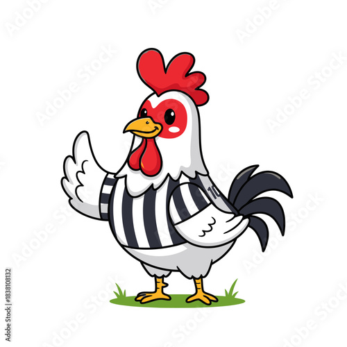 Cartoon rooster referee with striped jersey gesturing in a friendly and humorous manner