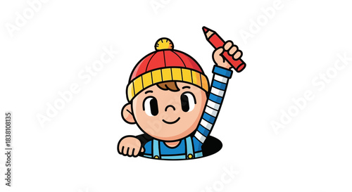 Happy cartoon boy with a striped sweater holding a large red pencil ready to draw or write
