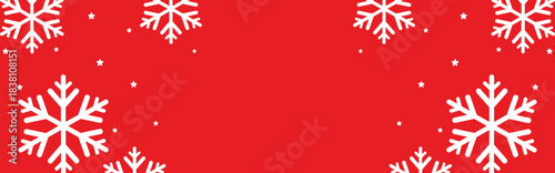 Festive red winter background with bold white geometric snowflakes and scattered stars framing wide copy space, ideal for Christmas greetings, seasonal invitations, web banners, and holiday promotions