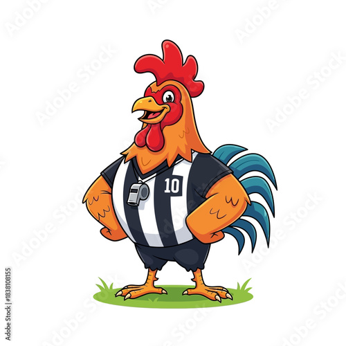 Whimsical rooster referee cartoon character illustration with striped uniform attire
