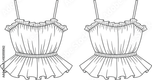 Women sleeveless peplum top technical fashion illustration front and back view spaghetti strap ruffle blouse flat sketch