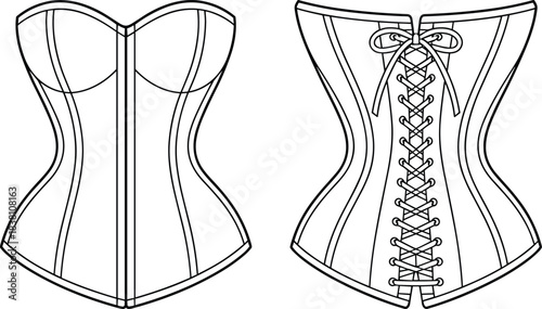 Women strapless corset top technical fashion illustration front and back view lace up boned bustier flat sketch