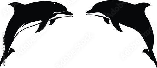 Two black dolphin silhouettes leaping, facing each other vector art Vector