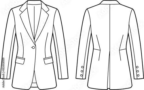 Women tailored blazer technical fashion illustration front and back view long sleeve single button jacket flat sketch vector