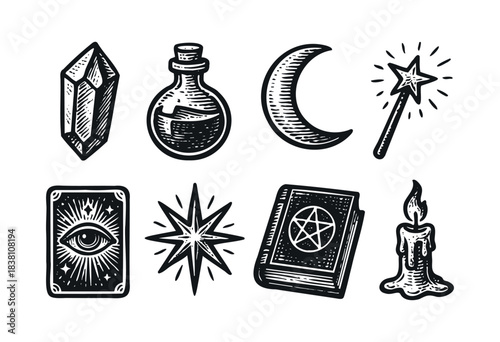 Magic and occult engraved icons — crystal, potion, spellbook, and other mystical symbols — stock vector.