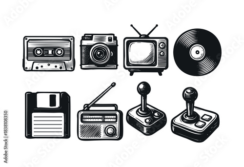 Retro technology engraved icons : cassette tape, camera, old TV, vinyl record, floppy disk, and joystick — stock vector.