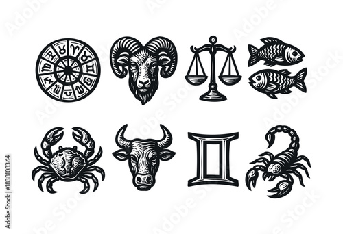 Zodiac engraved icons : astrology wheel and various horoscope symbols like Aries, Libra, and Scorpio — stock vector.