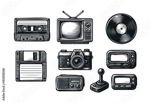 Retro technology engraved icons : cassette tape, camera, old TV, vinyl record, floppy disk, and joystick — stock vector.