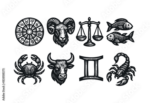 Zodiac engraved icons : astrology wheel and various horoscope symbols like Aries, Libra, and Scorpio — stock vector.