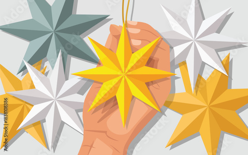 Festive star decorations held by a human hand, symbolizing celebration and holidays