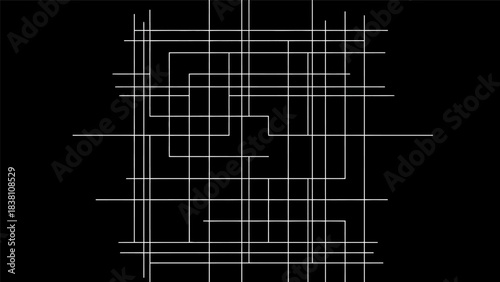 Minimalist grid composition evoking maze patterns in a stark white on black aesthetic