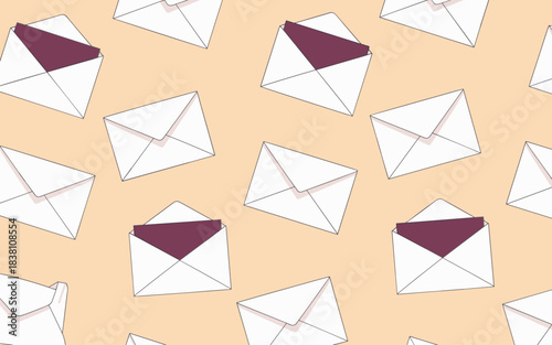 Seamless pattern of white envelopes with purple flaps against a soft peach background