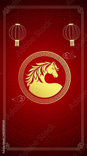 Chinese New Year Red Background with Zodiac Horse and Lanterns