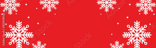 Festive red winter background with bold white geometric snowflakes and scattered stars framing wide copy space, ideal for Christmas greetings, seasonal invitations, web banners, and holiday promotions