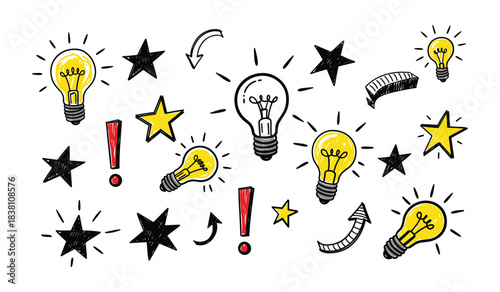 Hand Drawn Doodle Elements Including Light Bulbs Stars Exclamation Marks and Arrows Keywords: light bulb, idea, star, exclamation mark, arrow, doodle, sketch, drawing, hand drawn, illustration