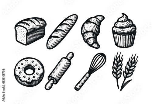Bakery engraved icons : bread, croissant, and other pastry and baking elements — stock vector.