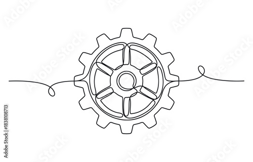 Continuous single line illustration of gears wheels. Vector illustration isolated on transparent background