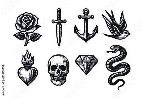 image.pngOld school tattoo engraved icons : rose, dagger, and other traditional flash art symbols — stock vector.