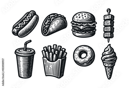 Fast food engraved icons : hot dog, hamburger, and other street food and snack items — stock vector.