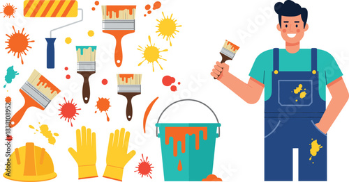 House painter character set with brushes, roller, paint bucket, helmet and gloves, home renovation vector illustration