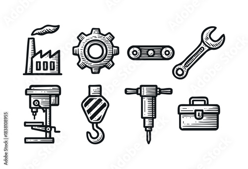 Industry and tools engraved icons : factory, gear, and other heavy machinery and equipment — stock vector.