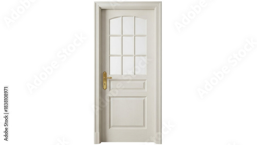 Isolated wooden door with glass panels and antique brass handle for interior design uses