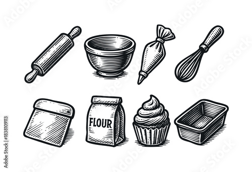 Baking tools engraved icons : rolling pin, whisk, and other pastry and kitchen equipment — stock vector.