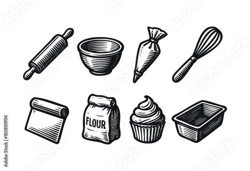 Baking tools engraved icons : rolling pin, whisk, and other pastry and kitchen equipment — stock vector.