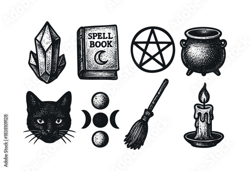 Witchcraft engraved icons : spellbook, black cat, and other magic and occult symbols — stock vector.
