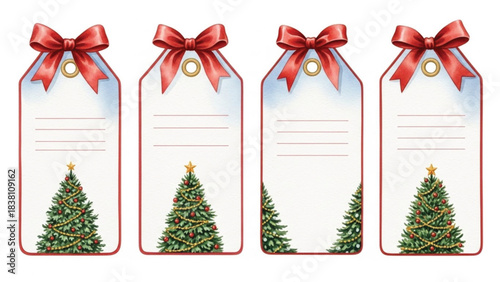 Watercolor Christmas Tree Gift Tags with Red Bows and Festive Holiday Borders, Printable Label Set