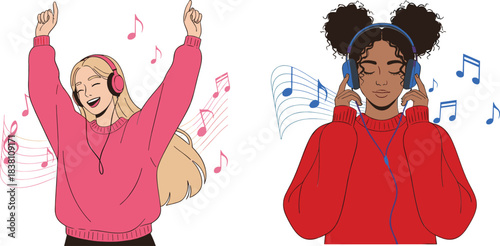 Happy women listening to music with headphones illustration, joyful dancing and relaxing vibes in modern flat vector style