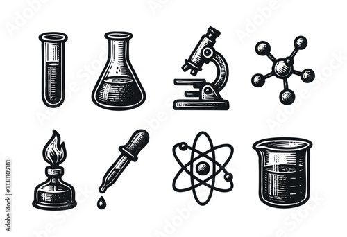 Chemistry lab engraved icons : beaker, microscope, and other science and experiment equipment — stock vector.