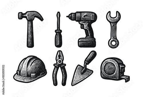 Construction tools engraved icons : hammer, drill, and other building and repair equipment — stock vector.