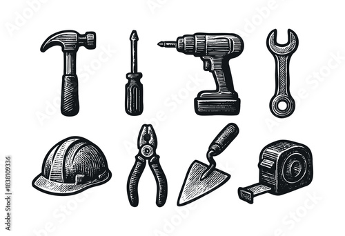 Construction tools engraved icons : hammer, drill, and other building and repair equipment — stock vector.