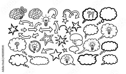 Hand Drawn Doodle Set Brains Lightbulbs Stars Arrows and Speech Bubbles vector illustration