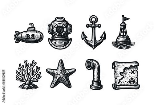 Nautical and diving engraved icons : submarine, anchor, and other underwater and sea exploration symbols — stock vector.