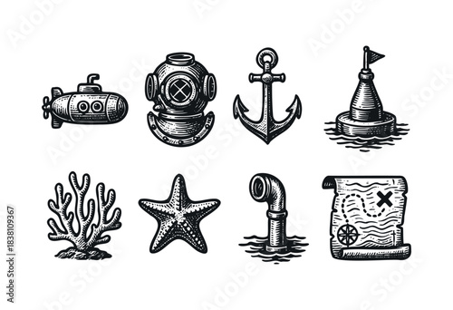 Nautical and diving engraved icons : submarine, anchor, and other underwater and sea exploration symbols — stock vector.