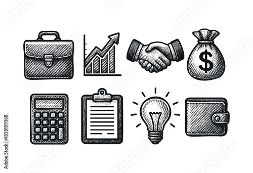 Business and finance engraved icons : briefcase, money bag, and other corporate and office symbols — stock vector.