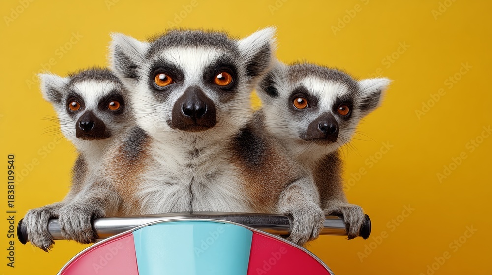Obraz premium Three playful lemurs with striking orange eyes, sitting together on a colorful ride, showcasing their curious expressions against a vibrant yellow background, capturing a joyful moment in nature