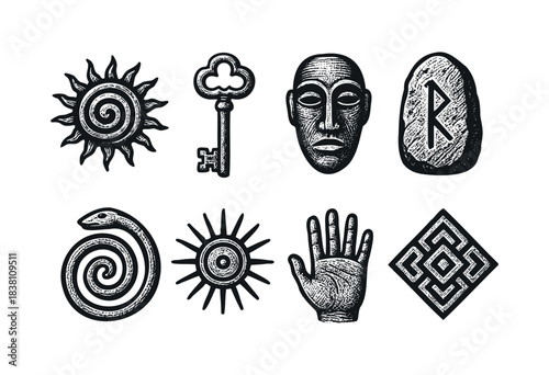 Engraving-style ancient symbol icons : sun, key, and other esoteric and mystical signs — stock vector.