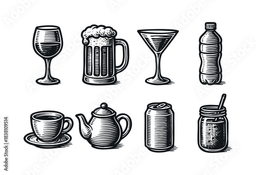 Drinks and beverages engraved icons : wine, beer, and other alcoholic and non-alcoholic drinks — stock vector.