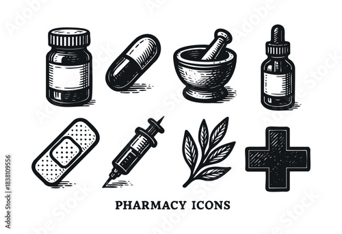 Pharmacy icons : pill bottle, capsule, and other vintage medicine and healthcare symbols — stock vector.
