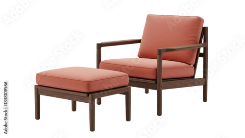Isolated modern armchair with ottoman, lounge furniture for living room, mid-century design