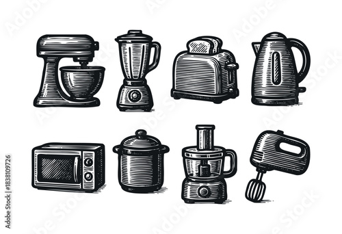 Kitchen appliances engraved icons : mixer, blender, and other household cooking electronics — stock vector.