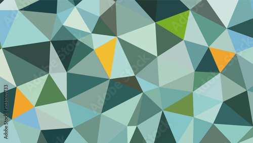 Geometric symphony featuring triangles with shades of green, blue, yellow and gray, providing 